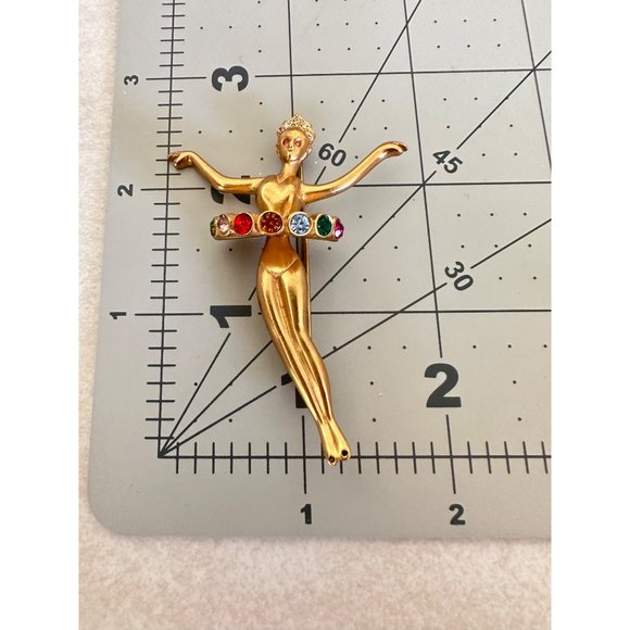 HMI 1992 vintage gold tone lady figural ballerina rainbow rhinestones brooch - Picture 9 of 9